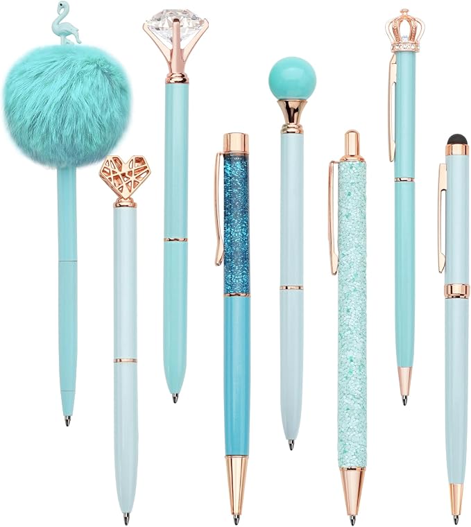 WEMATE 8Pcs Blue Pens, Metal Crystal Diamond Pens with Black & Blue Ink | Cute Fancy Pens for Journaling, Office Supplies, Gifts for Women Girls, Birthday & Back to School Supplies
