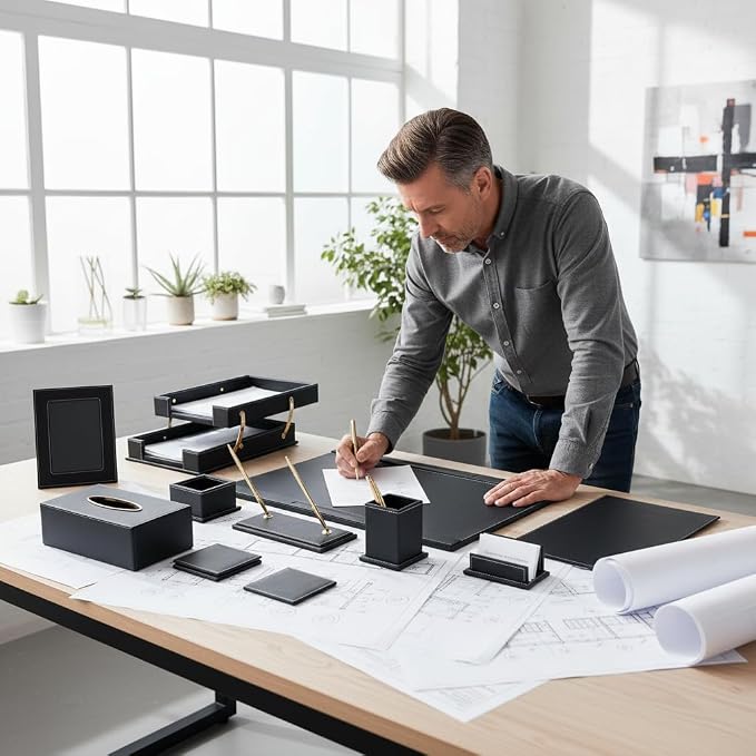Leather Desk Set, 13-Piece All-in-One – Executive Desk Accessories & Office Supplies, Desk Organizer with Desk Pad & Blotter, 2-Tier Letter Tray, Luxury Office Desk Decor & Boss Gifts (Black)