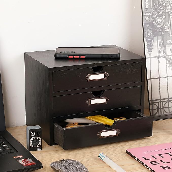 Small Wooden Drawers Wooden Box with Drawer Black | 3 Drawer Storage Box for Apothecary Cabinet, Apothecary Drawers，Desktop Organizer with Metal Handles for Office，Home