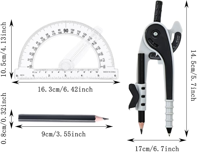 Vobou Compass and Protractor Set, 6 Inch Protractor with Swing Arm (Black) | Compasses for Math for Drafting, Sharpener, Eraser and 180 Degree 6 Inch Clear Protractor, Easy Grip, School Supplies