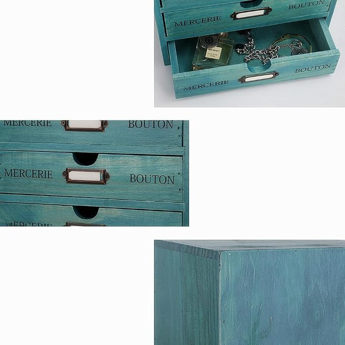 Small Wooden Drawers Wooden Box with Drawer Blue | 2 Drawer Storage Box for Apothecary Cabinet, Apothecary Drawers，Desktop Organizer with Metal Handles for Office，Home