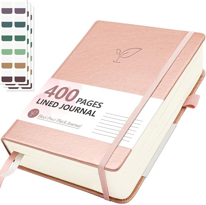 Hoci Poci 400 Pages Lined Journal Notebook, 5.8" x 8.4", Rose Gold | Thick Journal for Writing, A5 Hardcover Leather Notebook with 100Gsm College Ruled Paper for Women Men Work Note taking