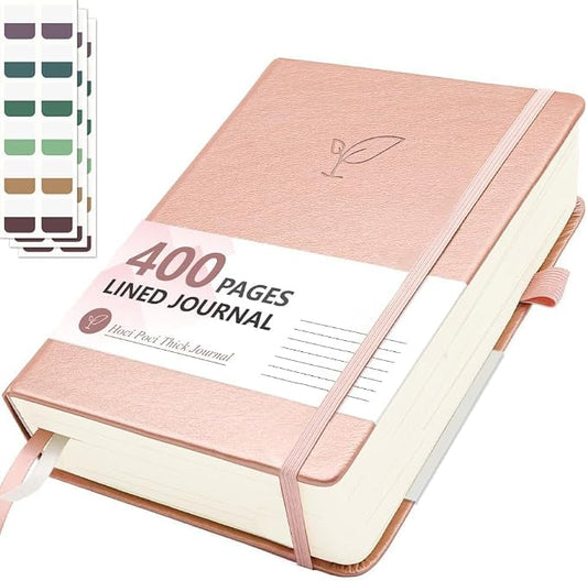 Hoci Poci 400 Pages Lined Journal Notebook, 5.8" x 8.4", Rose Gold | Thick Journal for Writing, A5 Hardcover Leather Notebook with 100Gsm College Ruled Paper for Women Men Work Note taking