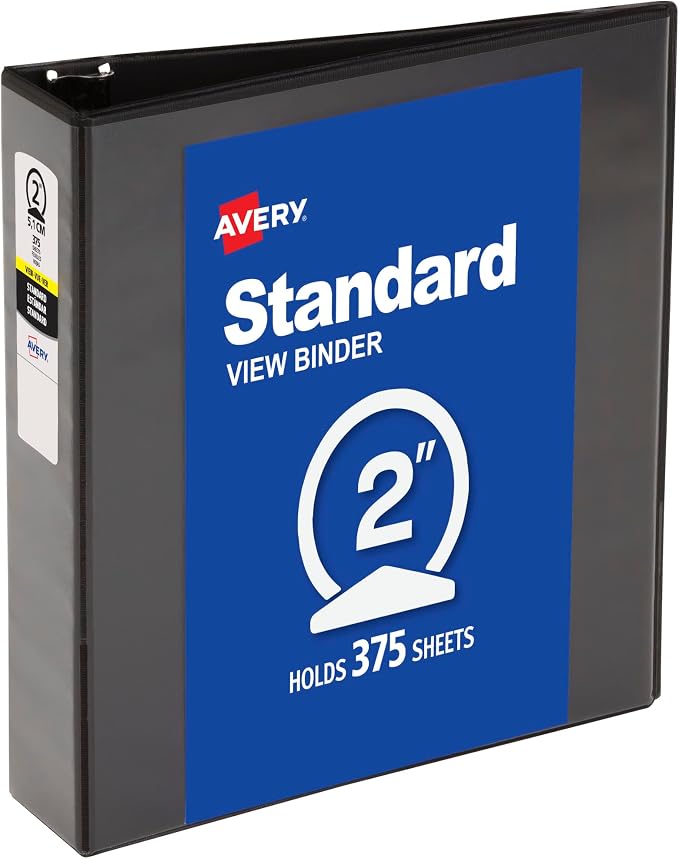 Avery Standard View 3 Ring Binder, 2" Round Rings, 375-Sheet Capacity, 2.8 Inch Wide Spine, 1 Black Binder, Ideal for Lightweight Organization and Occasional Referencing (05781)