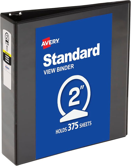 Avery Standard View 3 Ring Binder, 2" Round Rings, 375-Sheet Capacity, 2.8 Inch Wide Spine, 1 Black Binder, Ideal for Lightweight Organization and Occasional Referencing (05781)