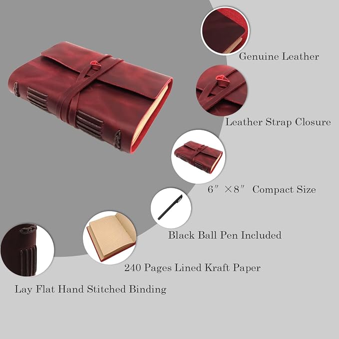 CooLeathor Red Notebook Journal - Nice Genuine Leather Journaling for writers A5 Size Diary 6.2x8.5 Inch,Notepad For Women,Man,Vintage,Gifts,Work,Traveler,Personal,Wine Red
