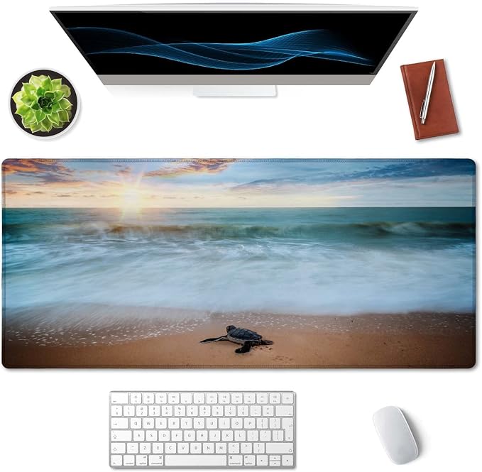 SSOIU Extended Gaming Mouse Pad - Non-Slip Water-Resistant Rubber Base Computer Keyboard Mouse Mat, 35.5 x 15.7-inch XX-Large Desk Mat, Ideal Partner for Work & Game, Turtle Shore