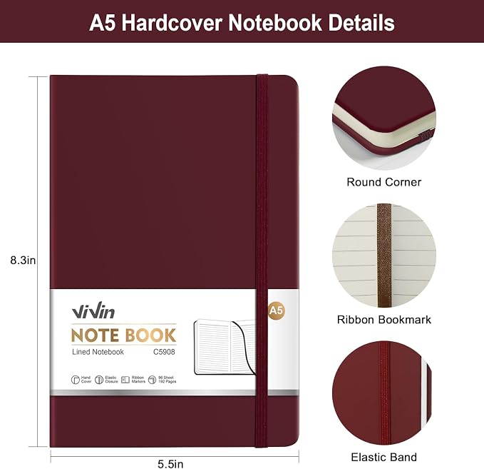 ViVin Lined Journal Notebooks for Professional Office Work,192 Pages,Medium 5.5 x 8.3 inch,College Ruled,A5 Hardcover Journaling Notebooks for Writing,24 Pack Bulk