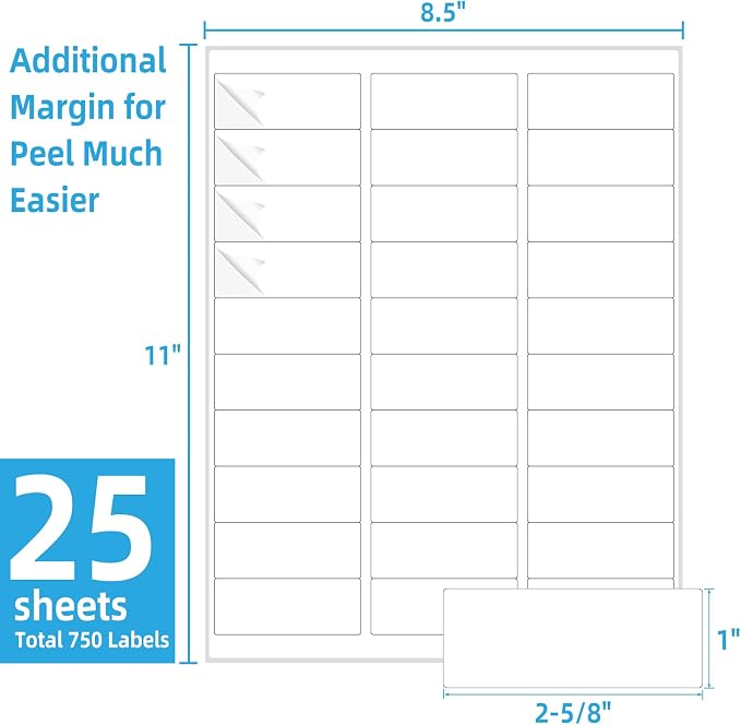 THEBLUETOUCH 750 pcs Matte White Address Printable Labels, 1" x2-5/8 | 25 Sheets, 30 Labels Per Sheet, Blank Mailing Stickers, Compatible with Laser and Inkjet Printers for Shipping Address Use