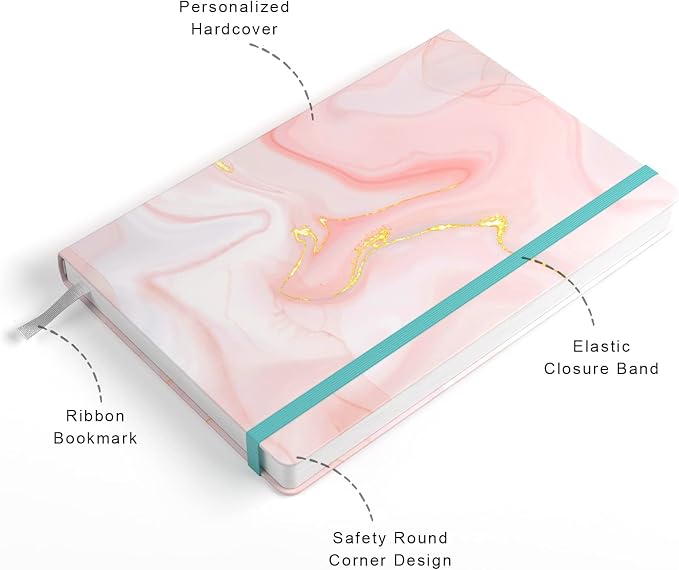 Lined Journal Notebook, Pink Marble Hardcover, Medium 5.7 x 8.4 in, 160 Pages Thick Paper, Cute Aesthetic A5 College Ruled Notebook for Journaling Writing Work Office School Women Girls