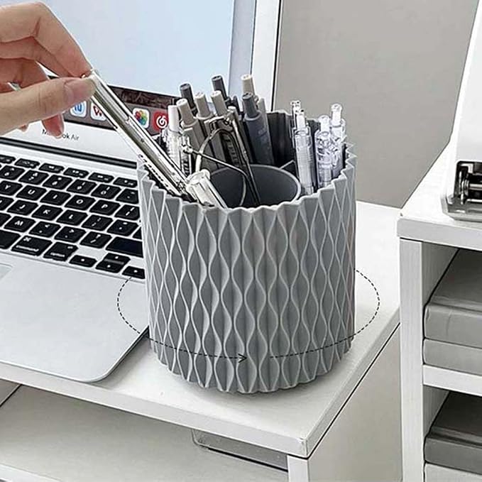 OWLFAVO Rotate Desk Organizer, Spinning Pen Holder Stationery, 360-Degree Pencil Accessories Storage Caddy Tray for College, Home, Office, Makeup Brush, 5 Compartments, Gray