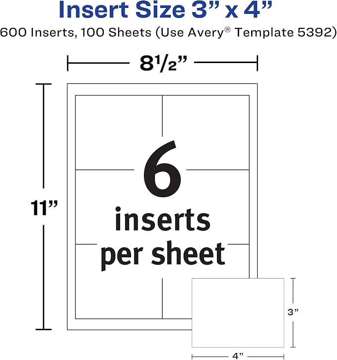Avery Customizable Name Badge Inserts, 3" x 4", White, 2 Packs of 300, 600 Printable Name Tag Inserts Total (35392) | 2 Packs of 300, Printable Name Tag Inserts