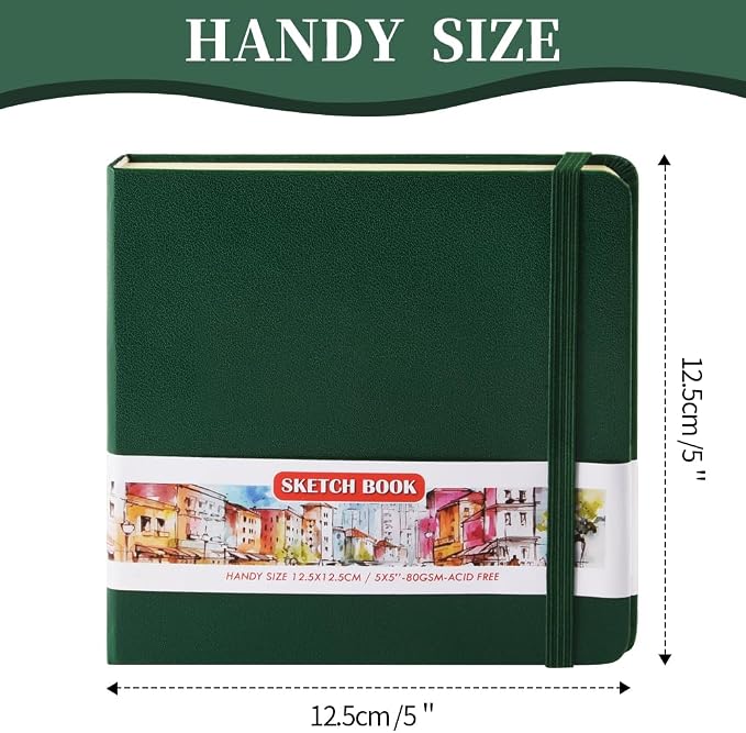 5x5" Pocket Sketch Book,80gsm Hardcover Art Sketchbook for Drawing Journal | PU Cover,Blank Paper,96Sheets/192Pages,Lay-Flat,Portable Travel Creation Paint Diary Memo Planner,Dry Media.Dark Green