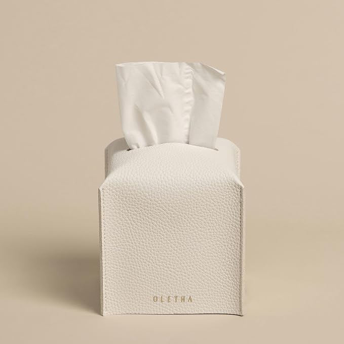 OLETHA Square Tissue Box Cover - Aesthetic Desk Decor for Room, Home & Office - Tissues Cube Boxes Holder - White