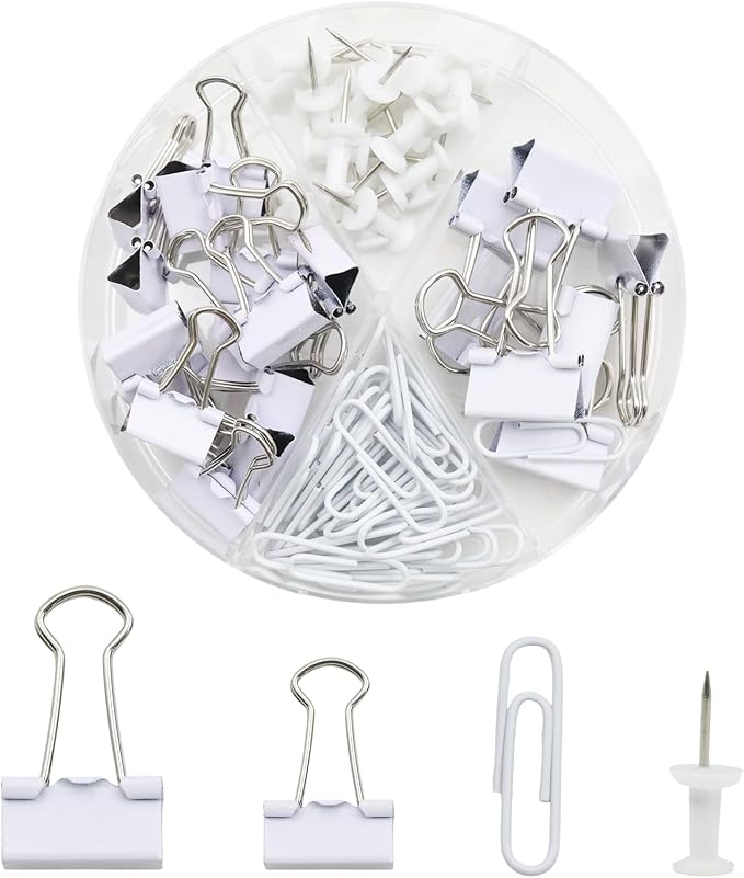 Office Supplies Set, Paper Clips, Push Pins and Binder Clips Set with Box for Office, School and Home(White)