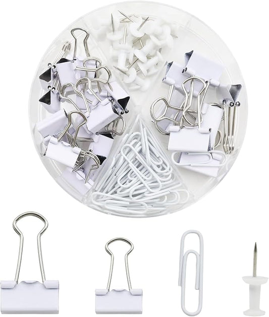 Office Supplies Set, Paper Clips, Push Pins and Binder Clips Set with Box for Office, School and Home(White)