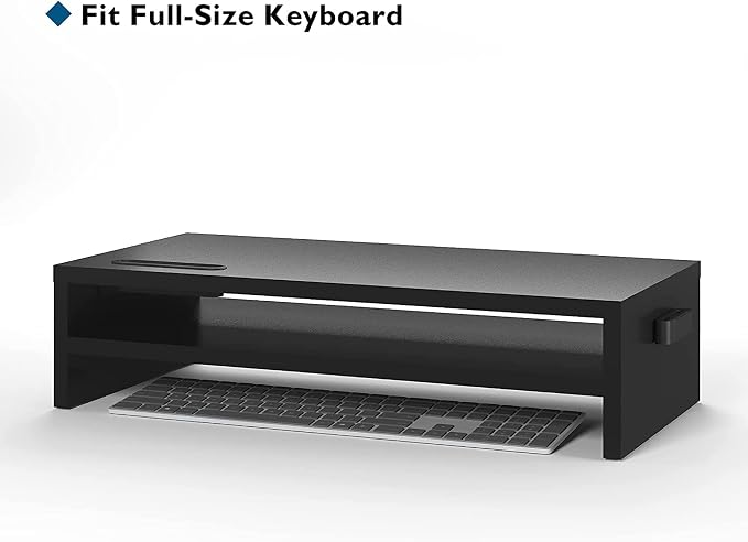 BONTEC Wood Monitor Stand Riser, 2-Tier Desktop Organizer with Storage, Ergonomic Computer Stand for Desk, Cable Management, Cellphone Holder, 21.3 Inch Shelf, Black