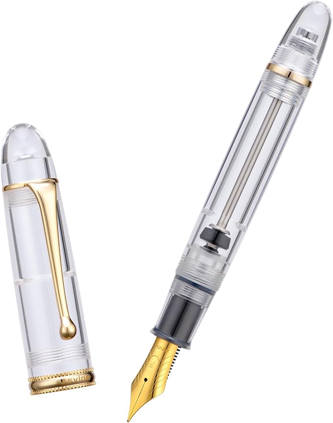 Asvine V800 Fountain Pen - Vacuum Filling System with Large Ink Capacity - Smooth Number 8 Medium Nib with Gift Case and Wrench - Clear Gold Acrylic