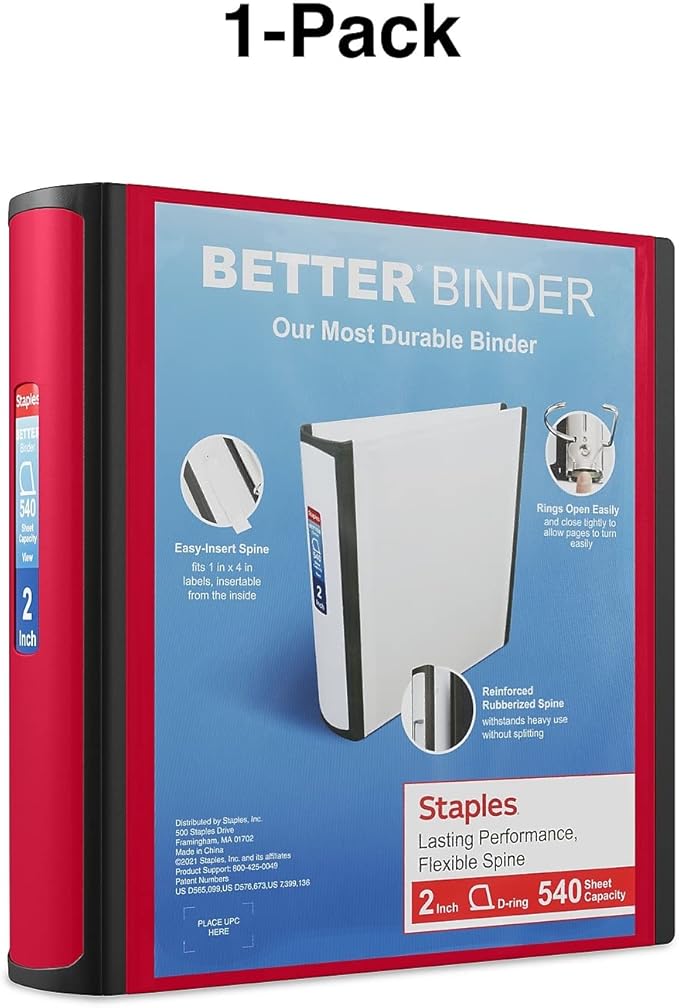 Staples Better Binder, 2" D‑Ring Heavy‑Duty 3‑Ring Binder, Red, Reinforced Spine, Holds 540 Sheets, Durable for Office, School & Presentations, 2‑Pack