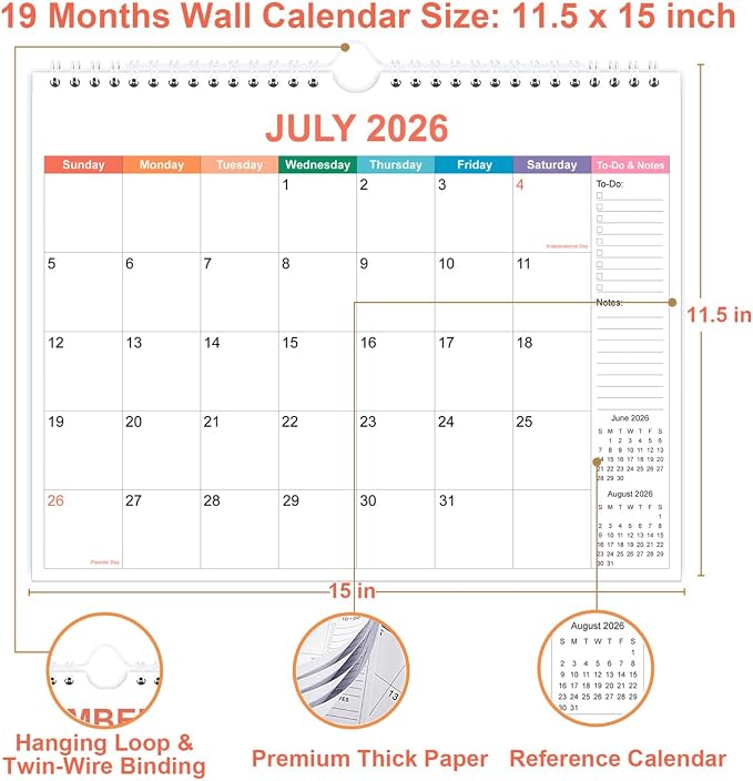 2026-2027 Calendar - Wall Calendar 2026-2027 from June 2026 to December 2027, 2026-27 Calendar with Premium Paper, Twin-Wire Binding & Hanging Hook, 11.5" x 14.5", Colorful