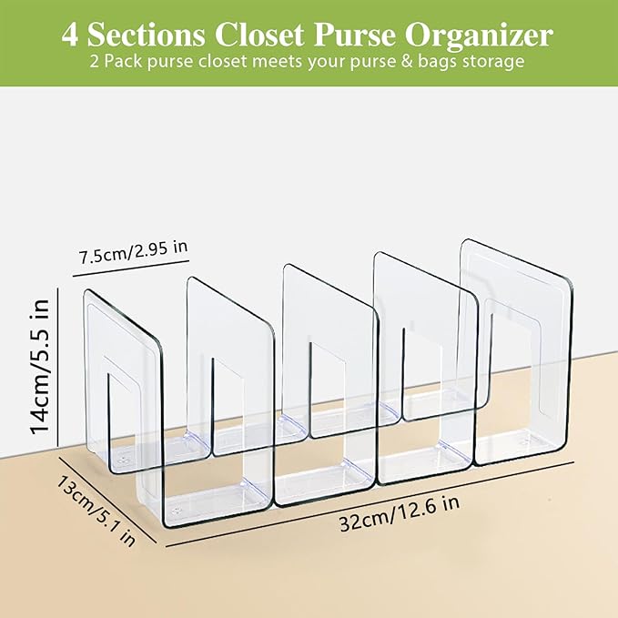 2 Pcs Purse Organizer for Closet, Acrylic Clear Purse Storage Organizers, Closet Organizers and Storage Purse Handbag Divider Holder, 4 Sections Purse Organizers Dividers in Bedroom Office (green)