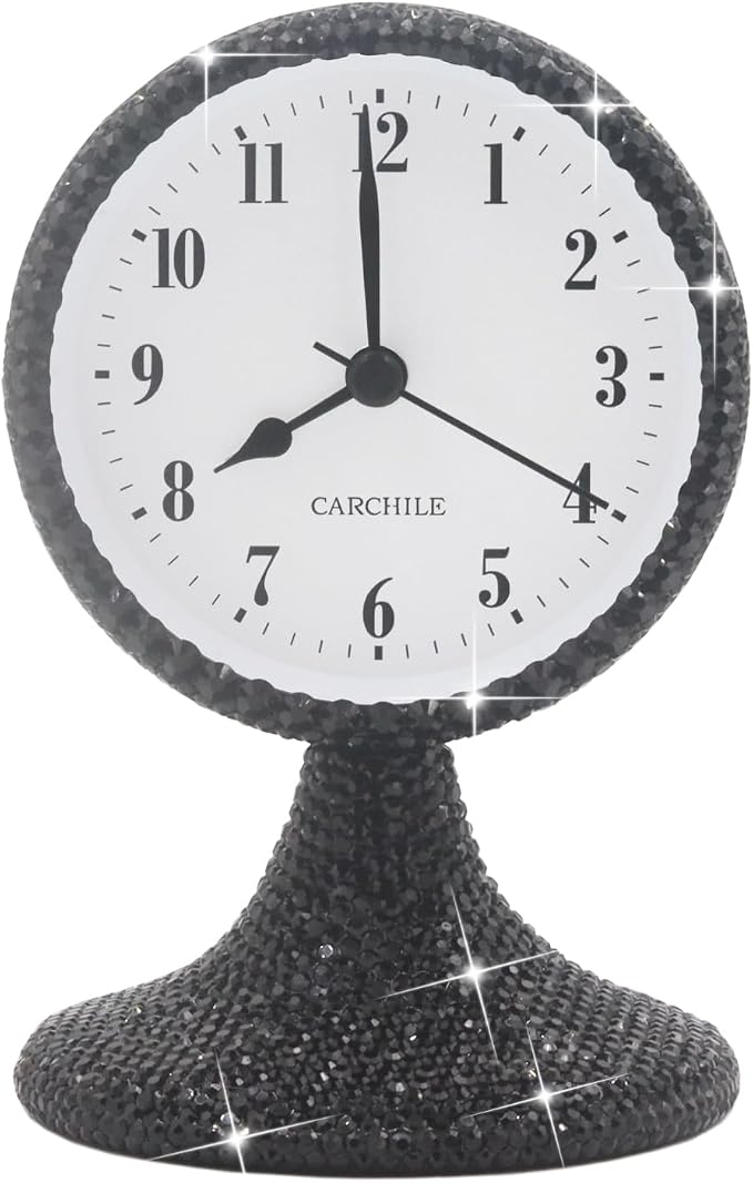 Luxury Rhinestone Alarm Clock Morning Call Super Silent Non Ticking Handmade Fashion Design for Bedroom Houseroom Living Room Desk Cute As Gift AR (Black)