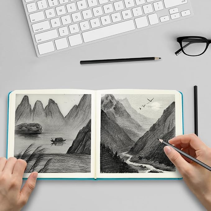 5x5" Pocket Sketch Book,80gsm Hardcover Art Sketchbook for Drawing Journal | PU Cover,Blank Paper,96Sheets/192Pages,Lay-Flat,Portable Travel Creation Paint Diary Memo Planner,Dry Media.Lake Blue