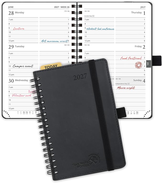 POPRUN 2027 Pocket Planner (Small-4'' x 6.25'') Weekly and Monthly Calendar | 2027 Agenda(Jan - Dec) Appointment Book with Hourly Time Slots, Monthly Tabs, 100GSM, Spiral Leather Cover - Black