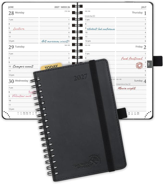 POPRUN 2027 Pocket Planner (Small-4'' x 6.25'') Weekly and Monthly Calendar | 2027 Agenda(Jan - Dec) Appointment Book with Hourly Time Slots, Monthly Tabs, 100GSM, Spiral Leather Cover - Black