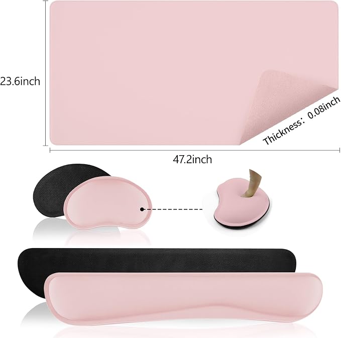 Pink Leather Desk Pad and Keyboard Wrist Rest, 3in1 Mouse pad + Keyboard Wrist Rest + Mouse Wrist Rest, Non-Slip Waterproof Desk Writing Pad for Office and Home (47.2"×23.6")