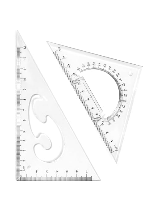 Clear Plastic Triangle Ruler Set, Small Math Geometry Square (45 & 30/60 Degrees) with Built-in Protractor & French Curve, Metric cm/mm, Back to School Supplies