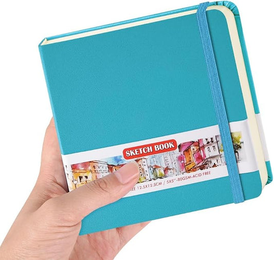 5x5" Pocket Sketch Book,80gsm Hardcover Art Sketchbook for Drawing Journal | PU Cover,Blank Paper,96Sheets/192Pages,Lay-Flat,Portable Travel Creation Paint Diary Memo Planner,Dry Media.Lake Blue