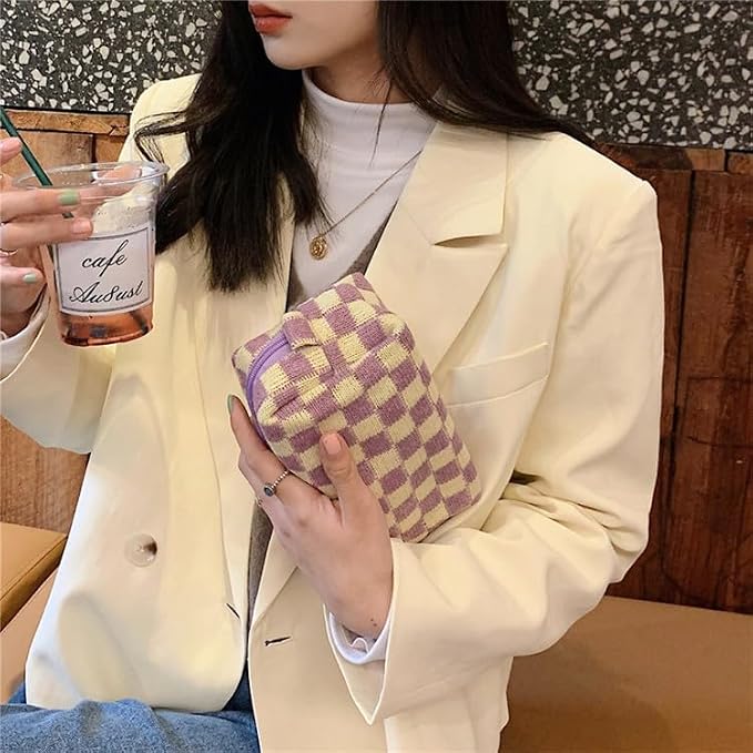 Checkered Makeup Bag for Purse, Small Travel Cosmetic Pouch,Purple,6 Pack | Cute Zipper Makeup Organizer for Women, Travel Essentials, Toiletries, Makeup Brushes, Beauty Accessories&Bridesmaid Gifts