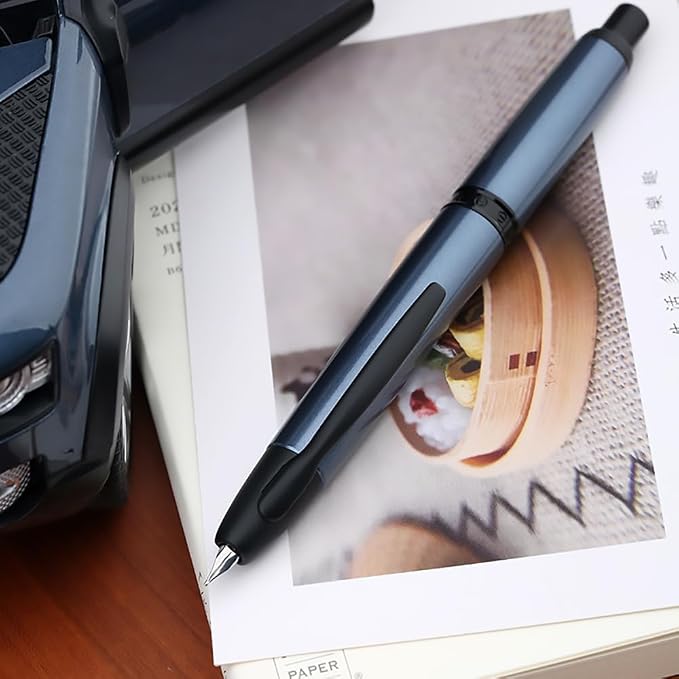 erofa Majohn A1 Press Fountain Pen Fine Nib with Box, Retractable Blue Metal Ink Pen with Converter Writing Set (Black Clip Version)