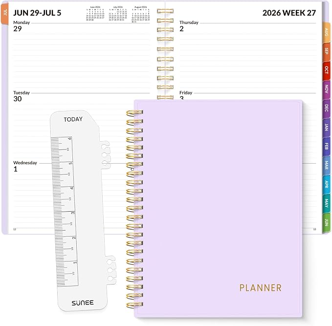 SUNEE Academic Planner 2026-2027 – Weekly & Monthly Planner, July 2026 to June 2027, 6.4"x8.3", Thick Paper, Tabs, Pockets, Bookmark, Spiral-Bound, Student Teacher Organizer, Purple