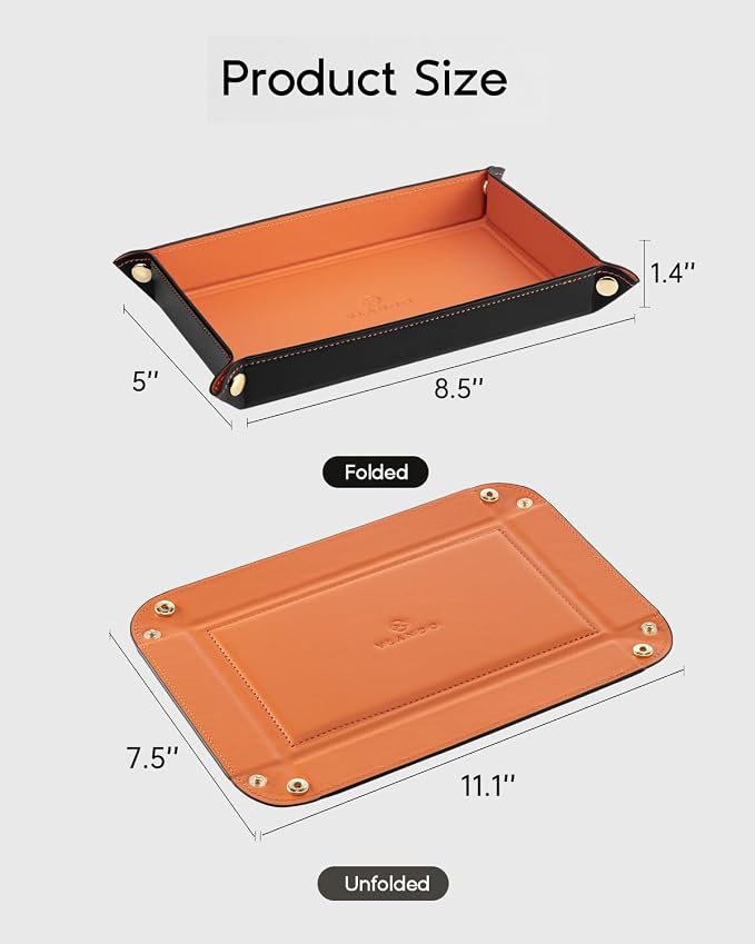 VLANDO Valet Tray, Foldable PU Leather Catchall Tray, Orange Black | Travel Valet Tray for Keys, Wallet, Watch, Phone and Glasses, Nightstand Dresser Desk Entryway Organizer for Men and Women