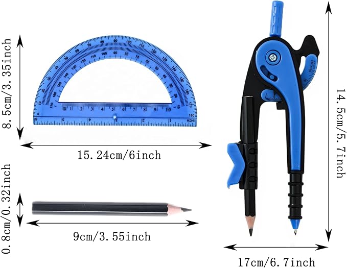 Vobou Compass for Geometry Set, 6 Inch Clear Protractor (Dark Blue) | 6 Inch Compass, Sharpener and Eraser, Easy Grip, Drafting Tool for Scool, Art, Drawing Precision Design for Math