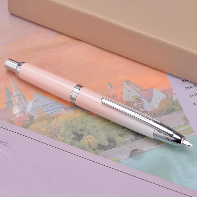 Jinhao 10 Press Fountain Pen with Box, Gradient Peach Pink Retractable Fine Nib with Ink Converter Set (Silver Clip)