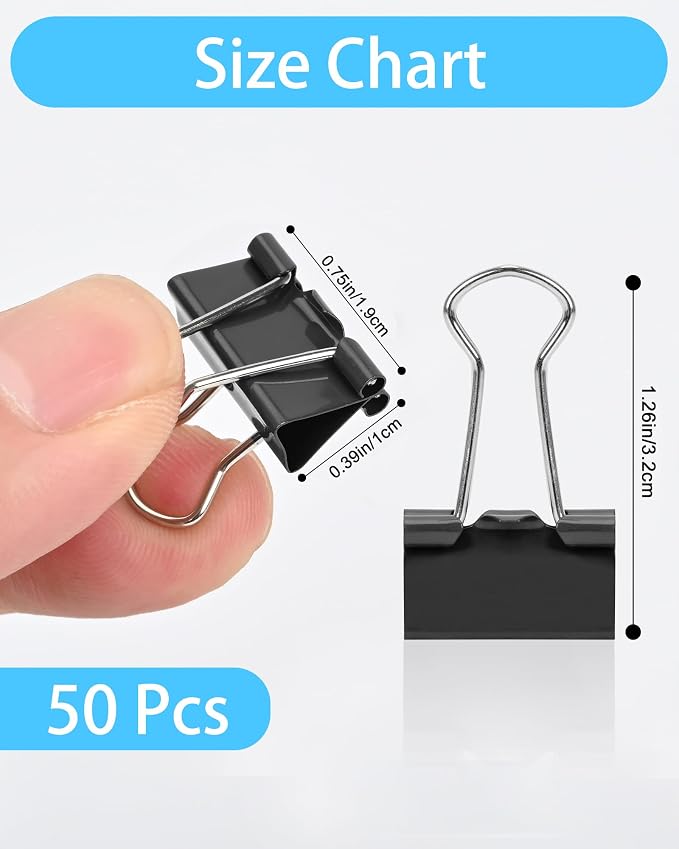 Binder Clips, 50 Pack, 0.75 in Small Paper Clips for Office, (Black)