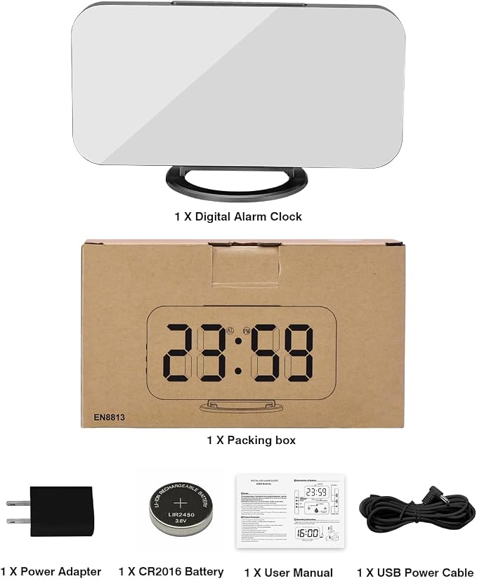 Digital Alarm Clocks,7" LED Mirror Electronic Clock,with 2 USB Charging Ports,Snooze Mode,Auto Adjust Brightness,Modern Desk Wall Clock for Bedroom Living Room Office - Black