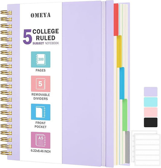 5 Subject Notebooks College Ruled, Lined Notebook with Removable Dividers | 300 Pages 100GSM Thick Spiral Writing Journal for Women & Men, Small A5 Spiral Notebooks for Work, School Supplies, 6" x 8"