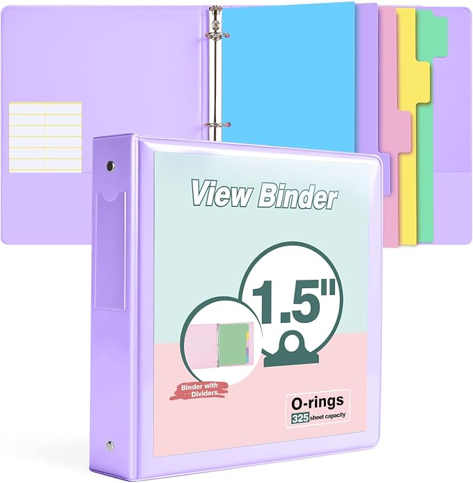 3 Ring Binder 1.5 inch，Cute Binder Organizer with 5 Tab Dividers Fits 175 Sheets of 8.5x11 Paper,Customizable Clear Cover with Inside Pockets,Aesthetic 1.5" Three Ring Binders for School Office,Purple
