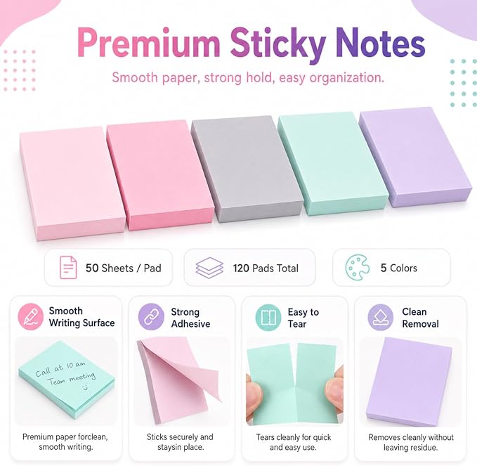 Fainne 120 Pads Sticky Notes Bulk 1.5 x 2 Inch Mini Self Stick Note Small Assorted Bright Colors Paper Memo for Office School Notebook Supplies 50 Sheets/pad (Simple Style,Pastel Mix)