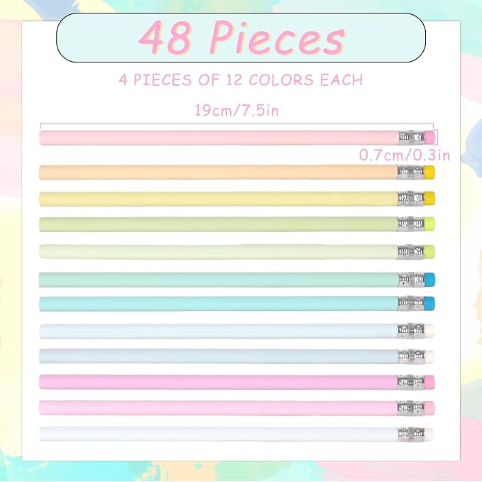 Whaline 48Pcs Pastel Color Pencils with Erasers Back to School Colorful Wooden Pencil Unsharpened Writing Drawing Pencil for Students Graduation School Office Stationery Gift