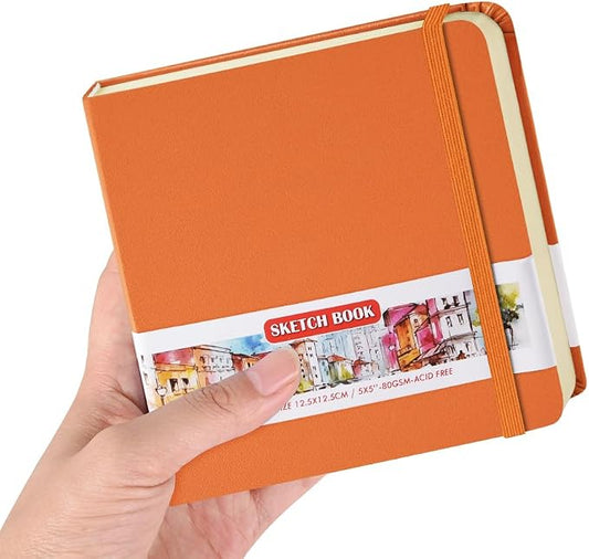 5x5" Pocket Sketch Book,80gsm Hardcover Art Sketchbook for Drawing Journal | PU Cover,Blank Paper,96Sheets/192Pages,Lay-Flat,Portable Travel Creation Paint Diary Memo Planner,Dry Media.Orange