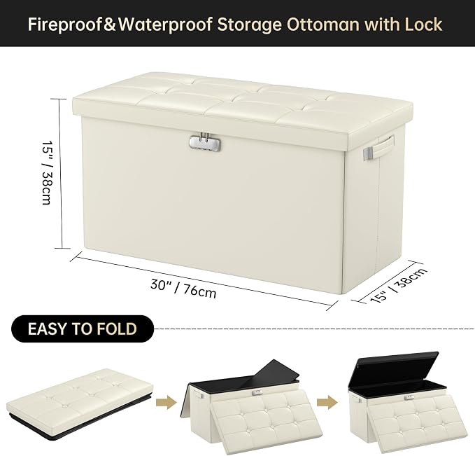 DocSafe Storage Ottoman Bench with Lock,Fireproof 30 Inches Folding Bench Foot Rest Stool Storage Chest Safe for Living Room,Bedroom,Home Office,Waterproof Leather Ottoman with Handles,Beige