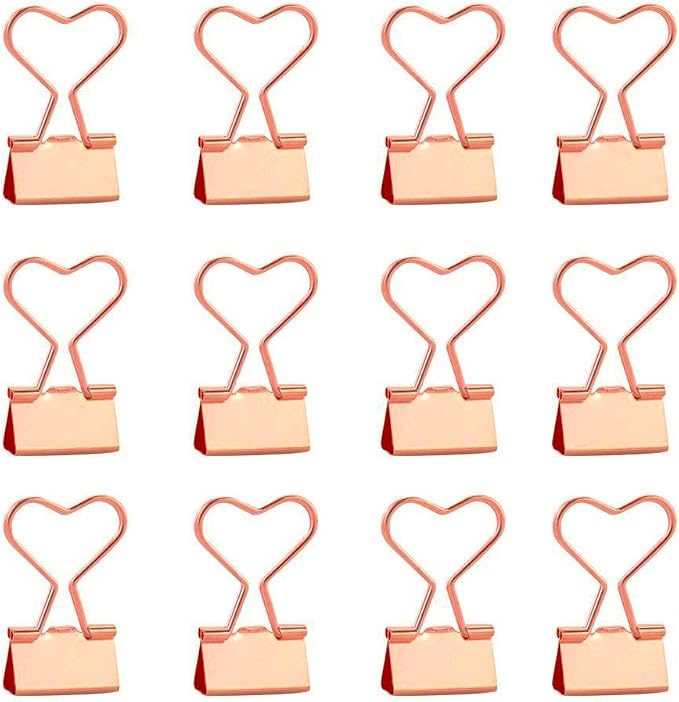 Rose Gold Metal Binder Clips with Heart Shaped Handle, 0.74" Foldback Clips, 12 Pcs