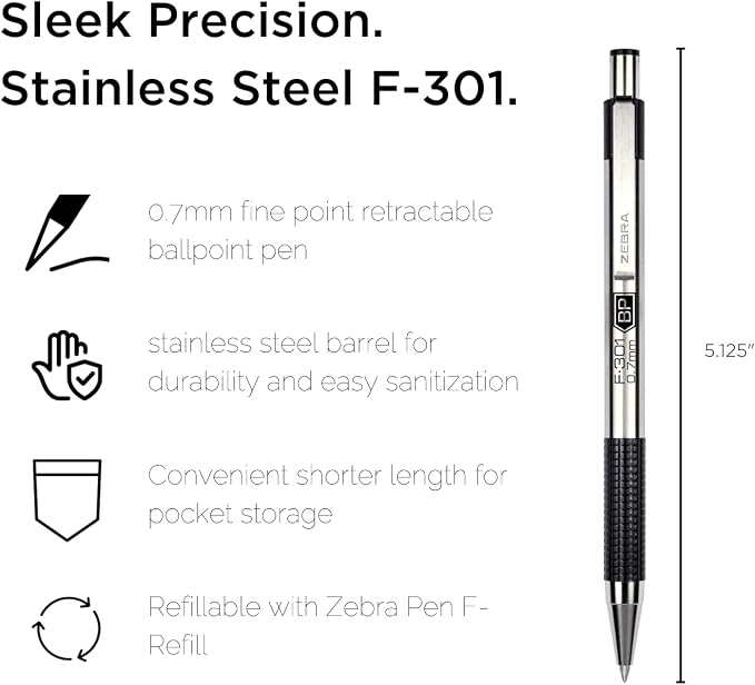 Zebra Pen F-301 Retractable Ballpoint Pen, Black/Blue Ink, 0.7mm, 6-Pack | Stainless Steel Barrel, Non-Slip Grip, Easy-Glide Ink, Fine Point Tip, Professional Design, Includes Bonus Refills (27206)