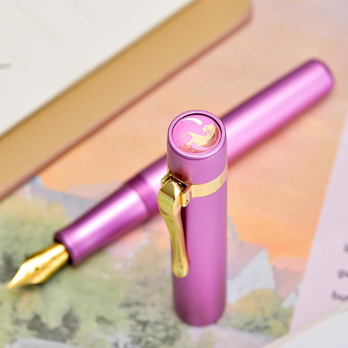 HONG DIAN M2 Mini Fountain Pen with Extra Fine Soft Golden Nib, Sleek Shape Aluminium Short Pocket Travel Pen (Lilac Purple)