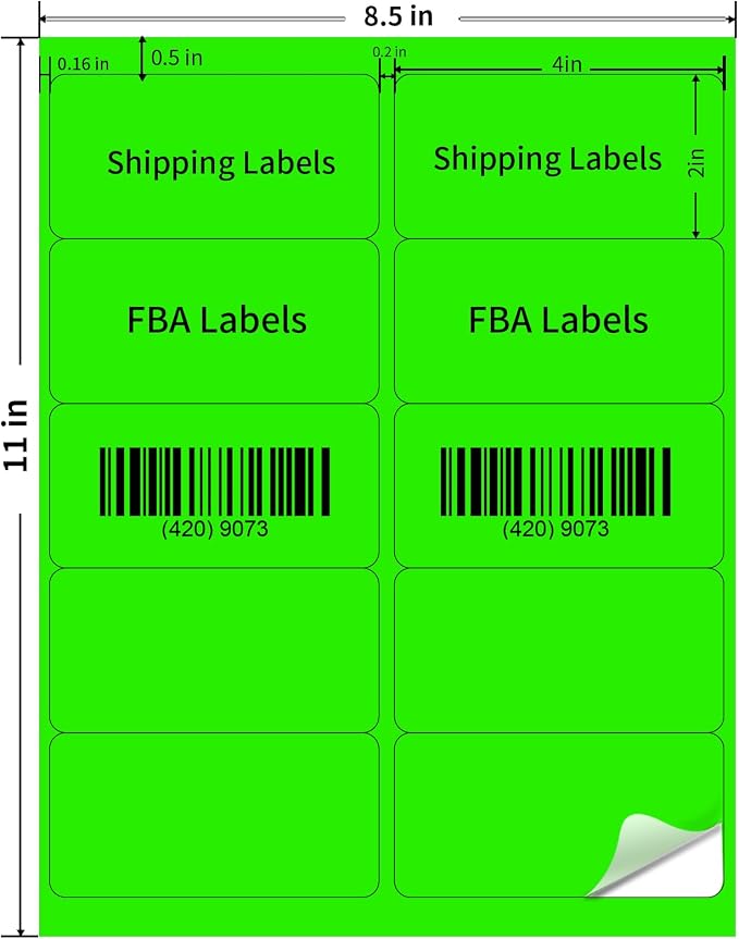 Shipping Labels Stickers, 2"×4" Printable Mailing Label for Laser/Inkjet Printing- Matte, Permanent Adhesive Labels Stickers (Fluorescent Green)